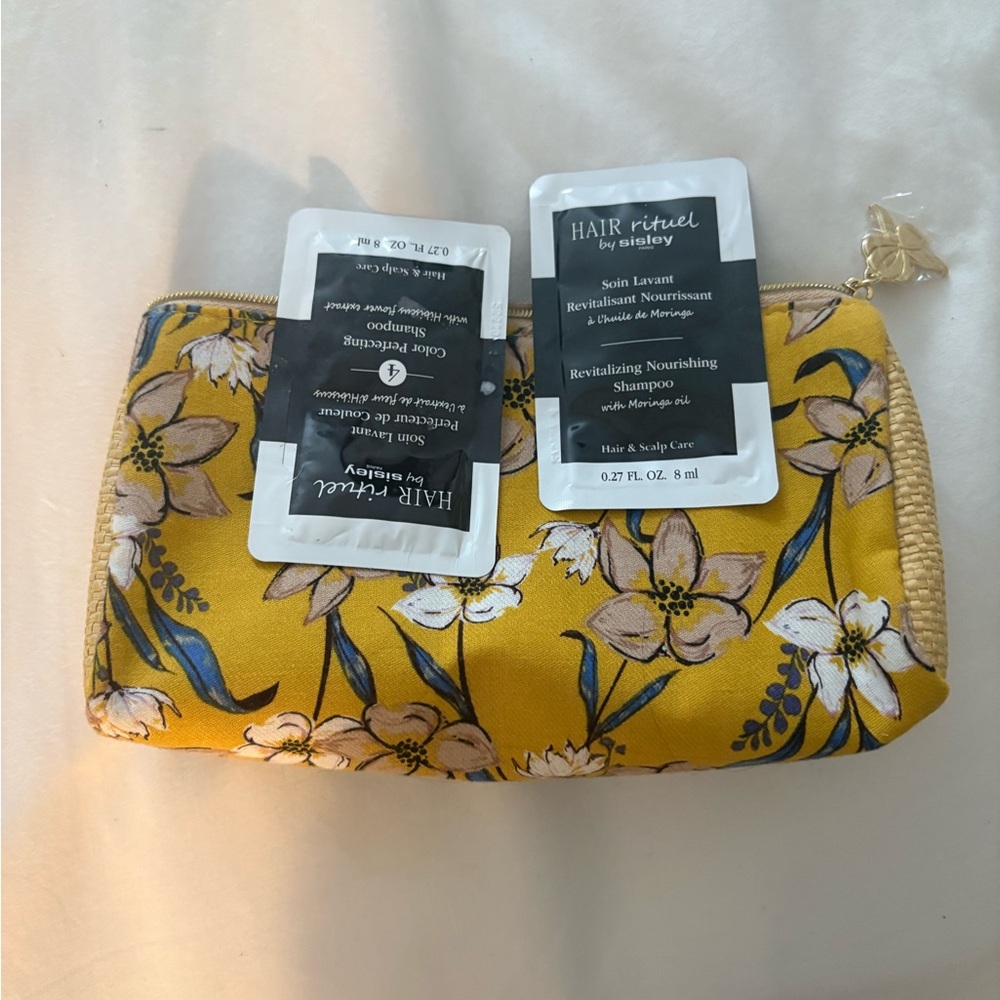 Sisley Floral Yellow Cosmetic Bag with Hair Care Samples